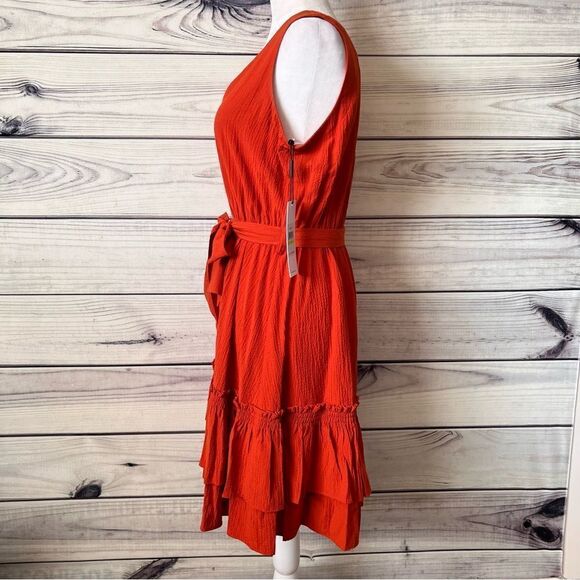 Calvin Klein Rust Orange-Red V Neck Sleeveless Ruffle Flare Dress - Picture 6 of 9